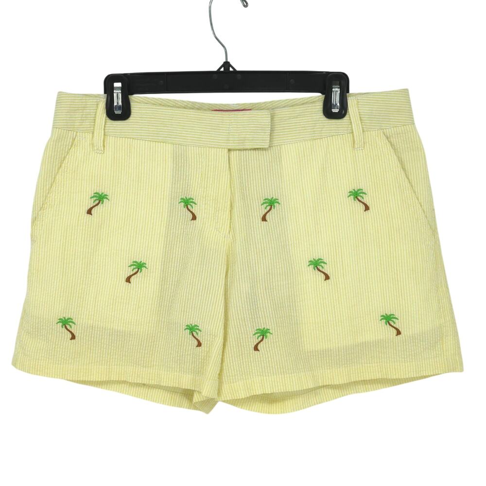 Castaway Nantucket Shorts Womens 8 Yellow Seersucker Lined Palm Trees Embroidery